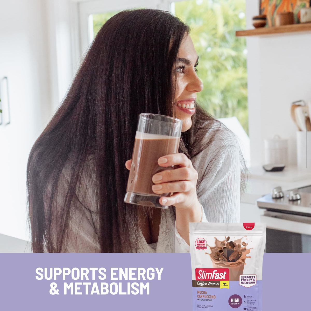 SlimFast High Protein Coffee House Smoothie Mix – Mocha Cappuccino, 21 Servings | 20g Protein, 100 mg Caffeine
