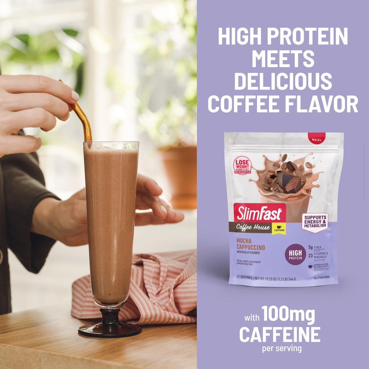 SlimFast High Protein Coffee House Smoothie Mix – Mocha Cappuccino, 21 Servings | 20g Protein, 100 mg Caffeine