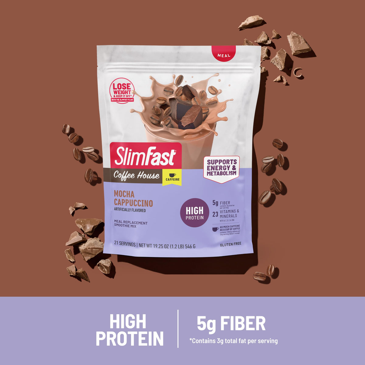 SlimFast High Protein Coffee House Smoothie Mix – Mocha Cappuccino, 21 Servings | 20g Protein, 100 mg Caffeine