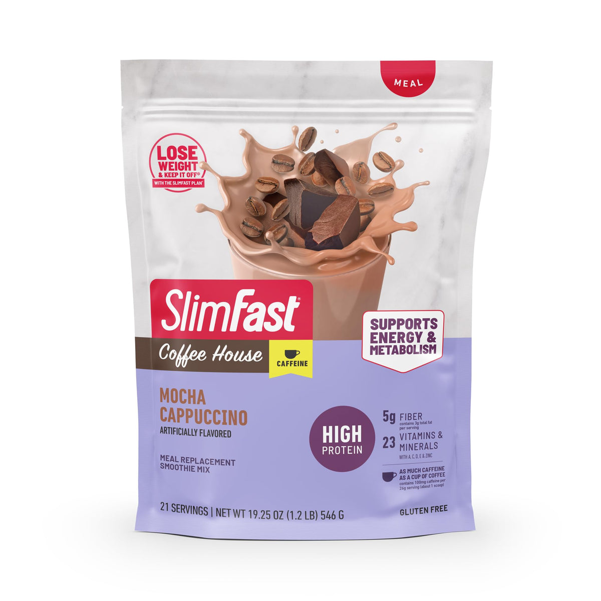 SlimFast High Protein Coffee House Smoothie Mix – Mocha Cappuccino, 21 Servings | 20g Protein, 100 mg Caffeine