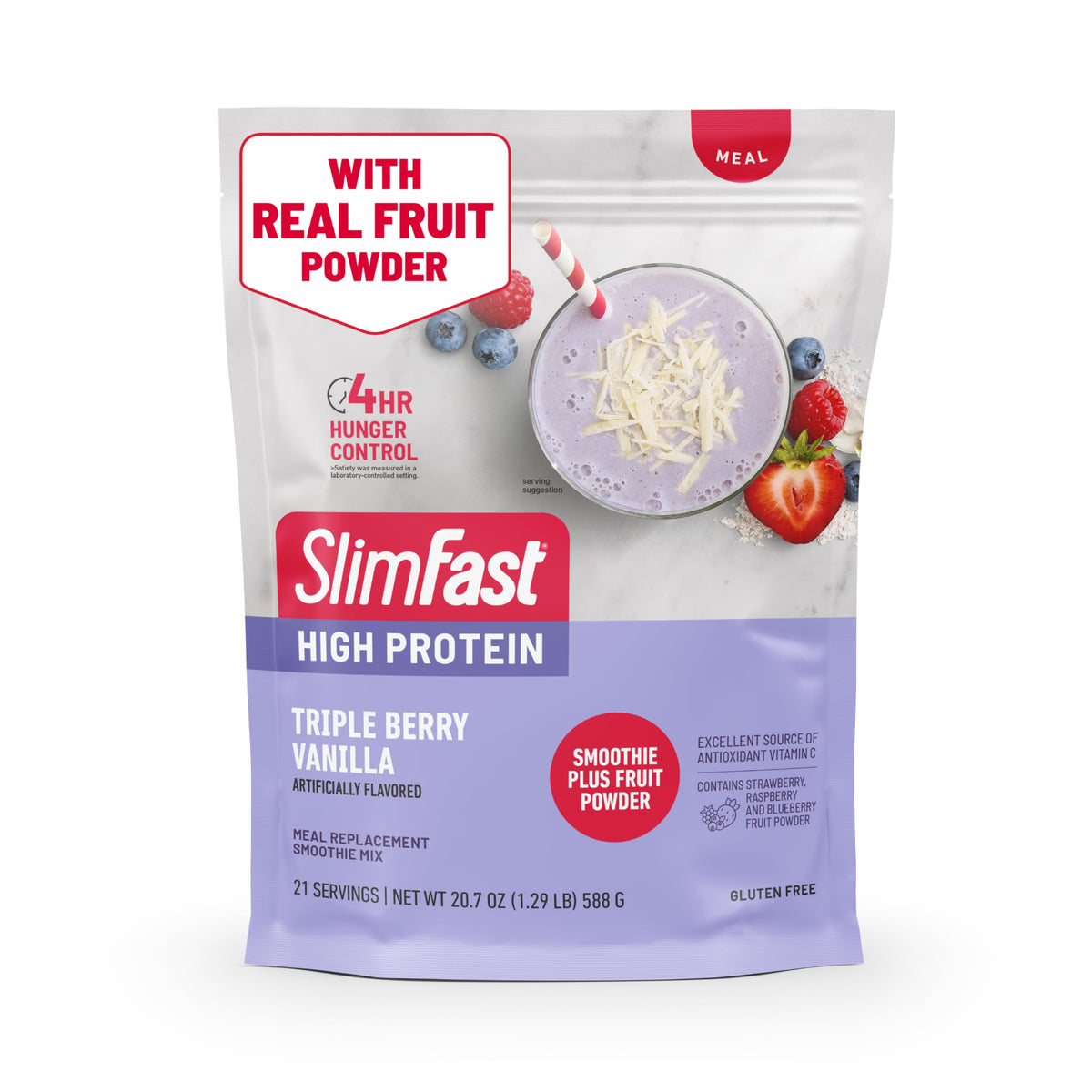 SlimFast High Protein Smoothie Mix Plus Fruit Powder – Triple Berry Vanilla, 21 Servings