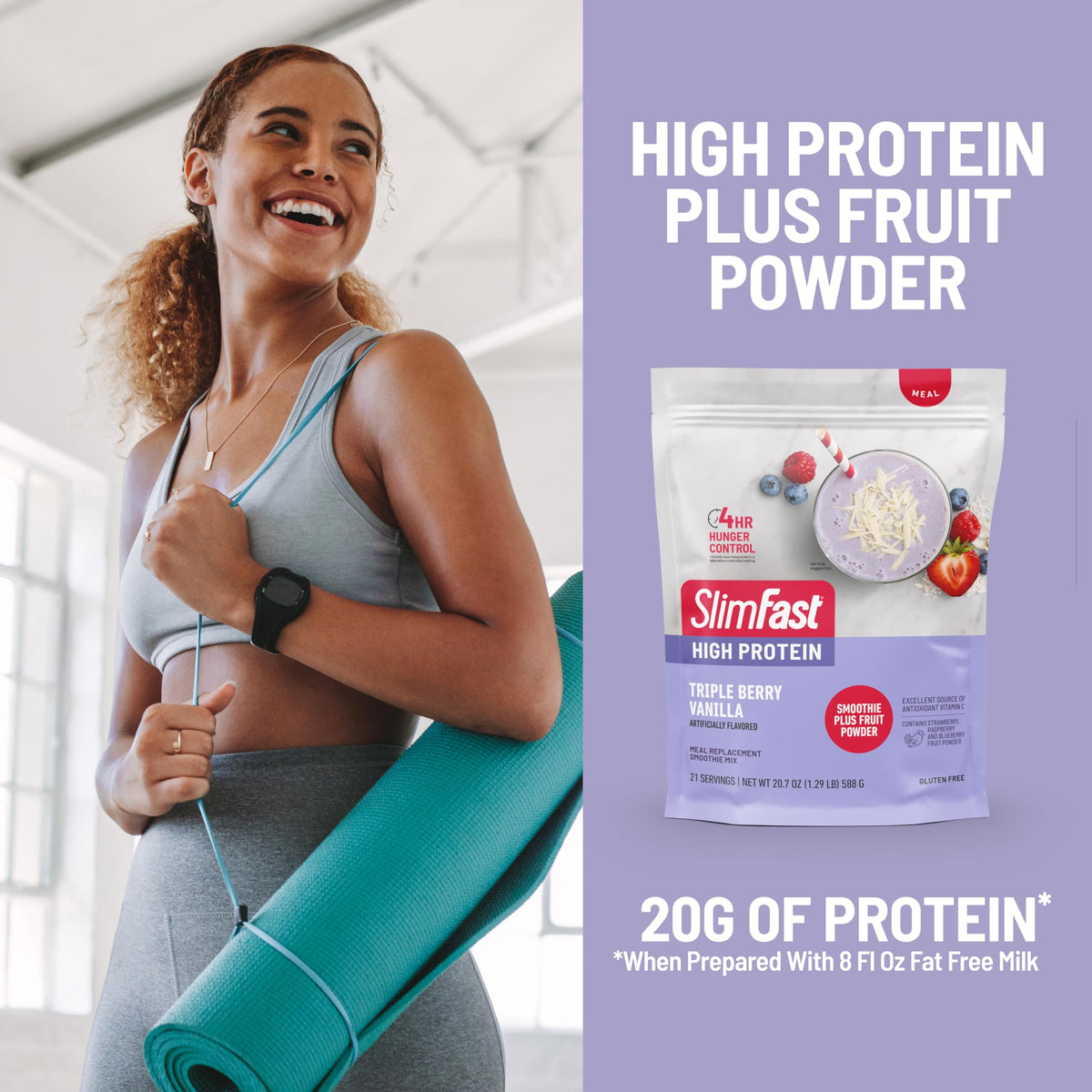 SlimFast High Protein Smoothie Mix Plus Fruit Powder – Triple Berry Vanilla, 21 Servings