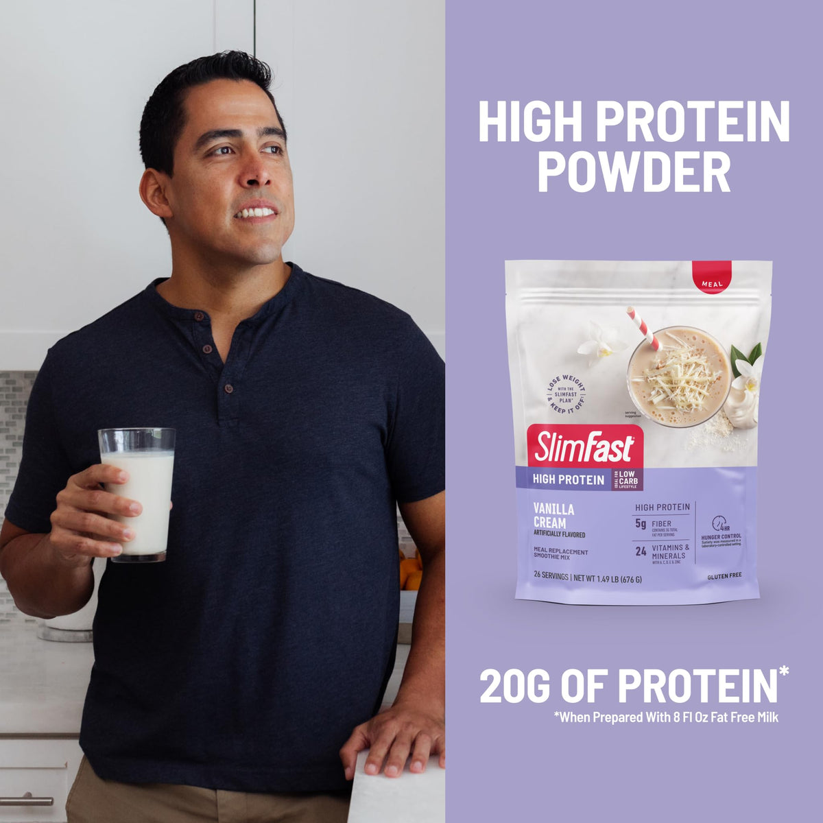 SlimFast High Protein Meal Replacement Powder – Vanilla Cream, 26 Servings, Gluten Free, 1.53 lb