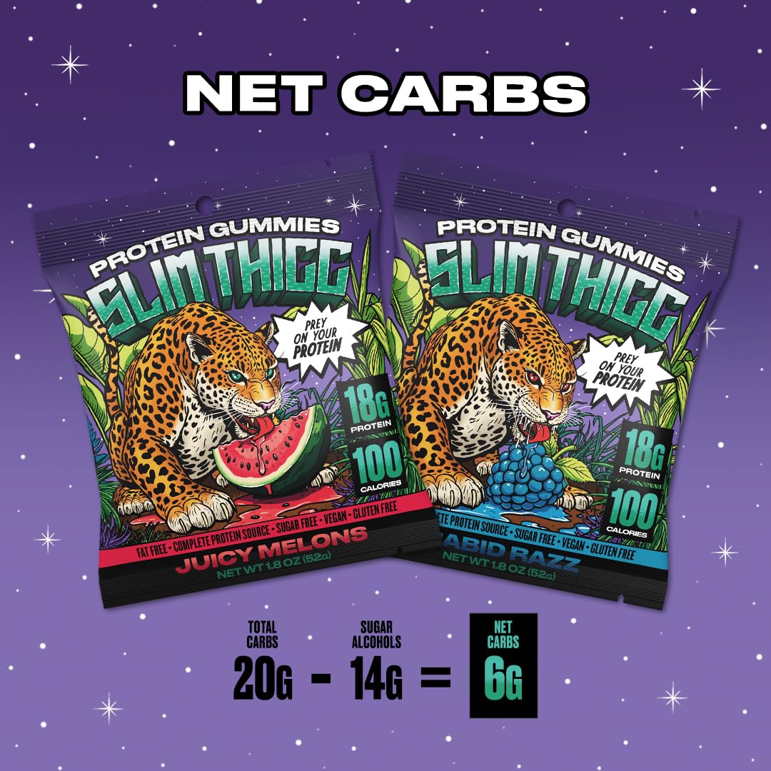 SlimThicc Protein Gummies 6-Pack – 18g Protein, 100 Calories, Zero Sugar | Rabid Razz & Juicy Melon