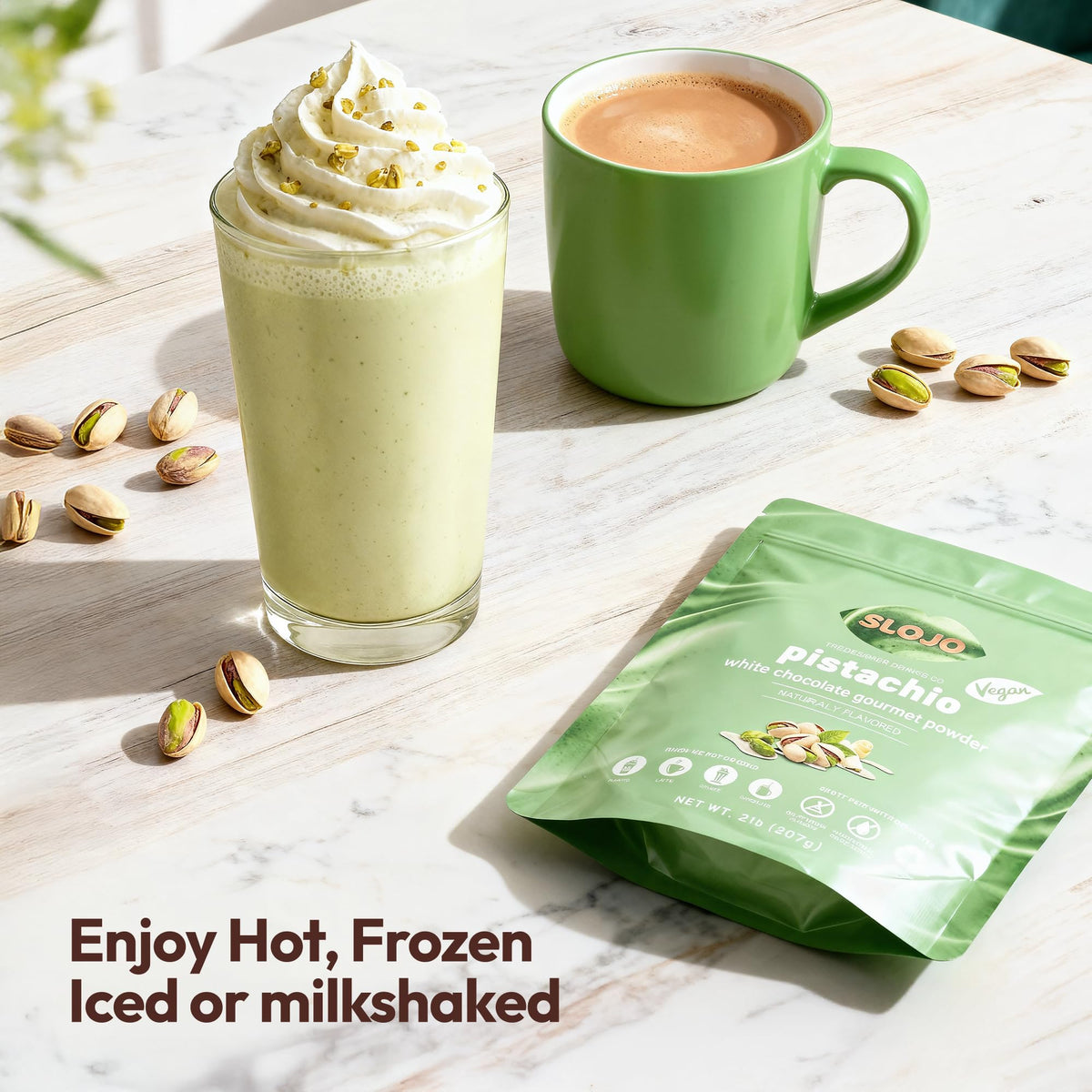 SLO-JO Pistachio White Chocolate Powder | Premium Drink Mix for Hot & Cold Beverages, 2 Lbs