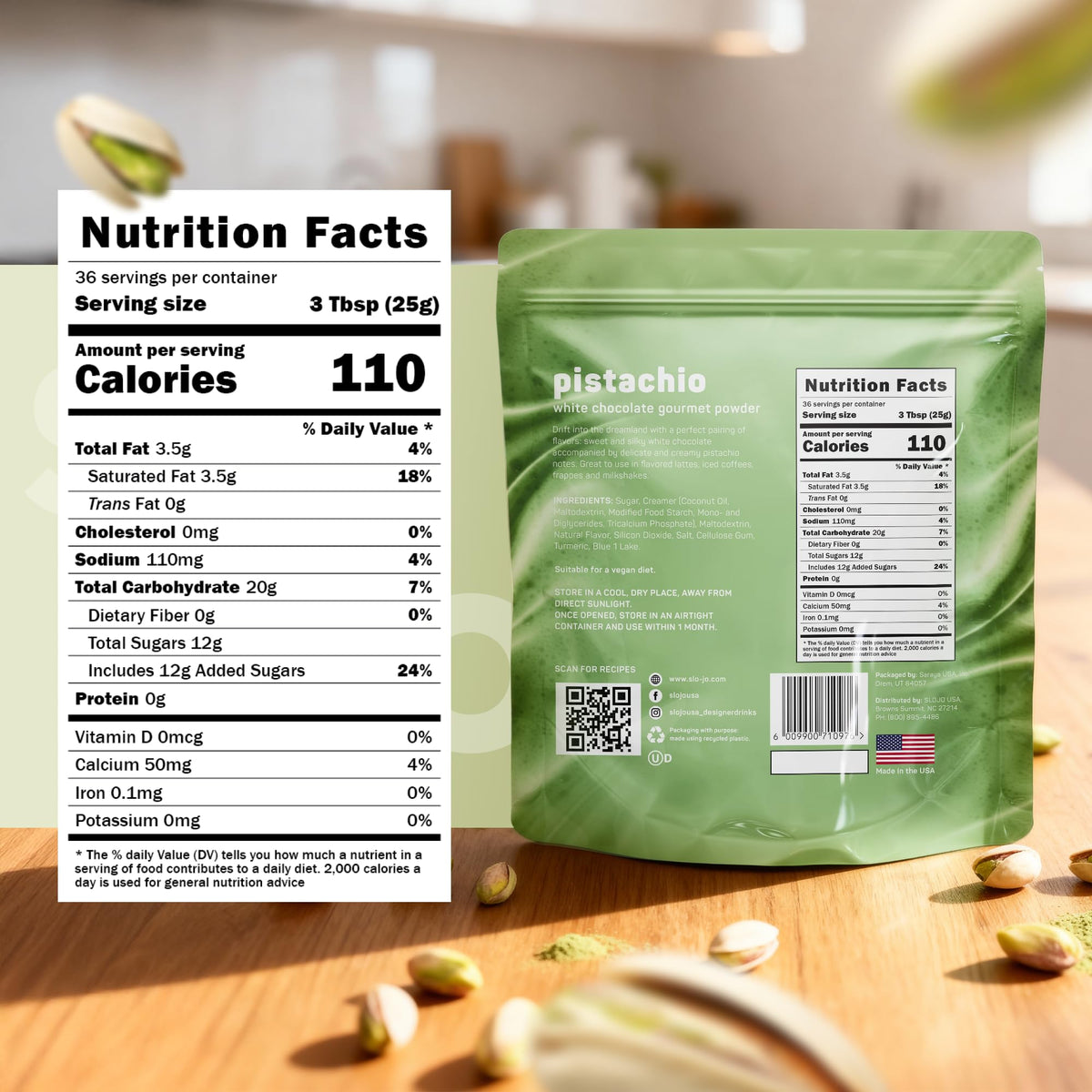 SLO-JO Pistachio White Chocolate Powder | Premium Drink Mix for Hot & Cold Beverages, 2 Lbs