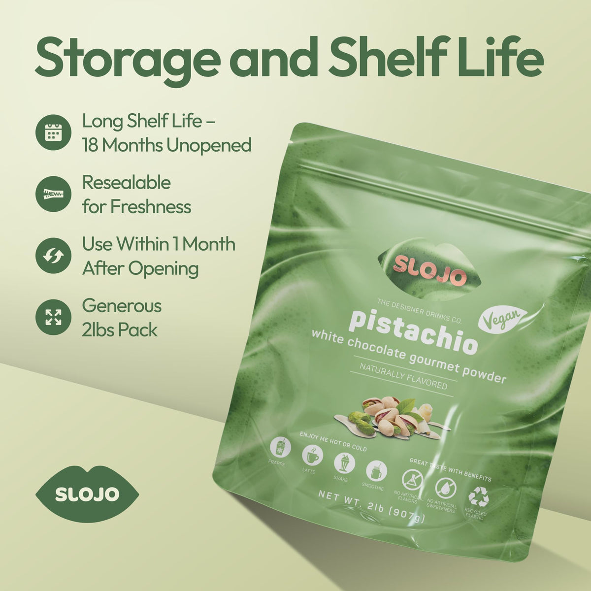 SLO-JO Pistachio White Chocolate Powder | Premium Drink Mix for Hot & Cold Beverages, 2 Lbs