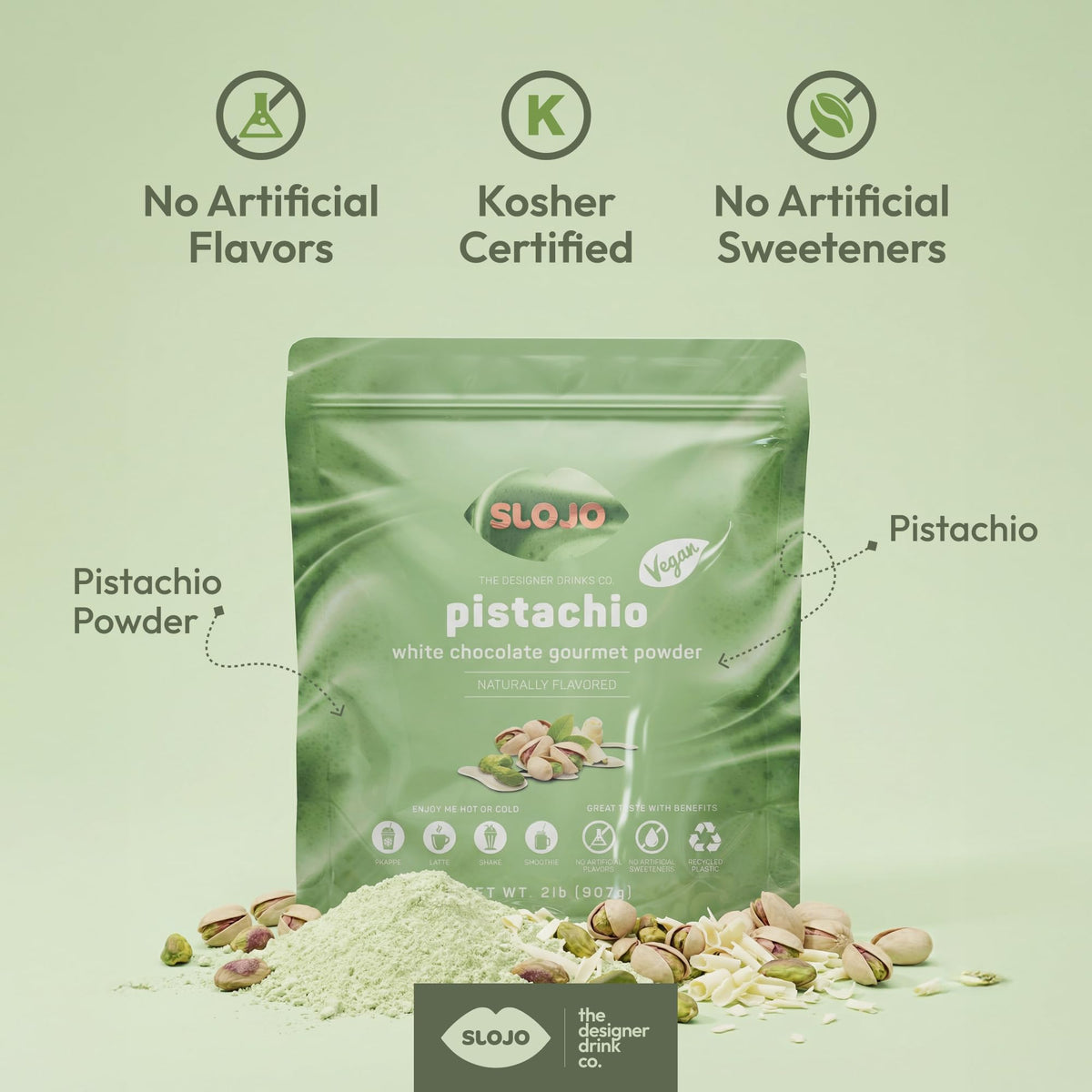 SLO-JO Pistachio White Chocolate Powder | Premium Drink Mix for Hot & Cold Beverages, 2 Lbs