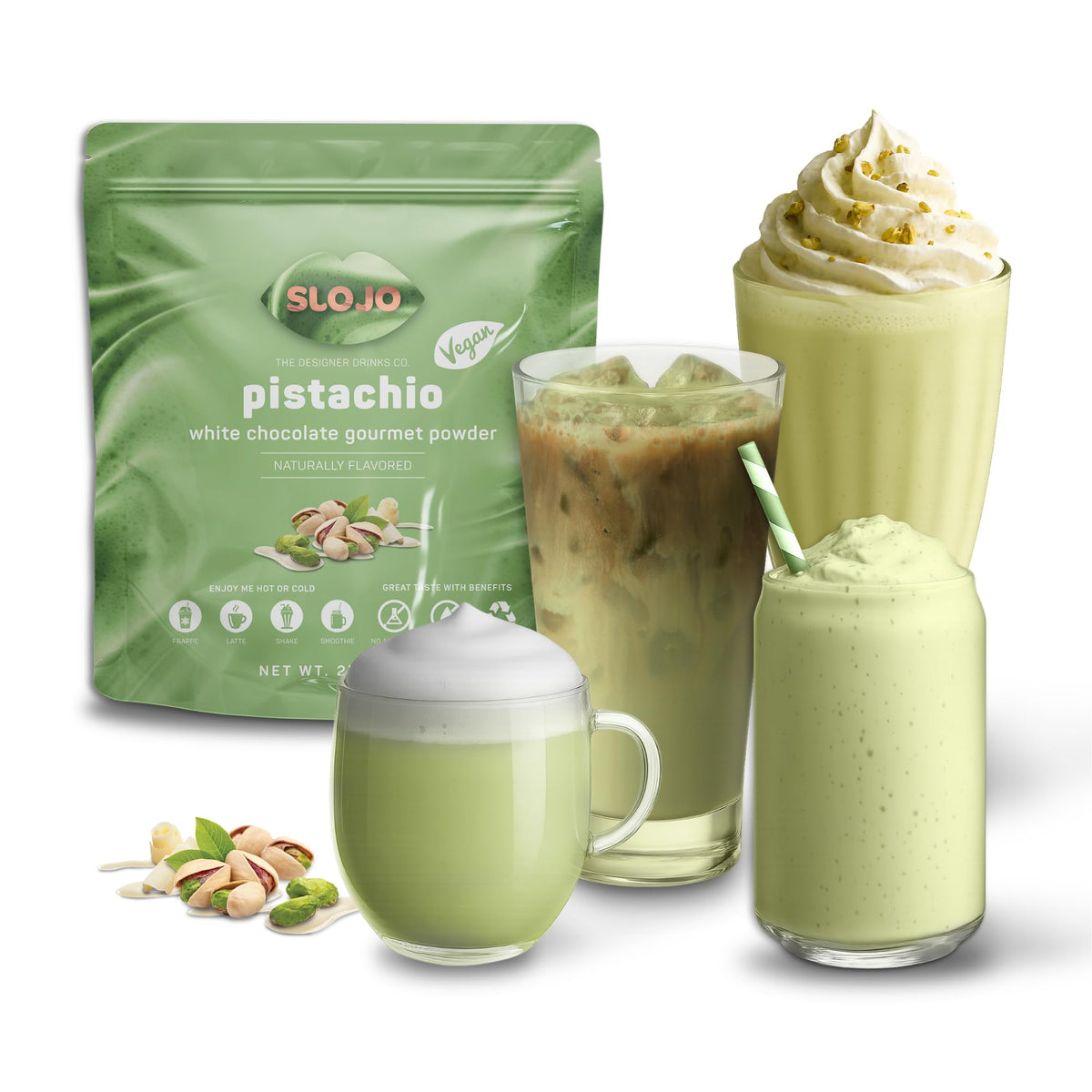 SLO-JO Pistachio White Chocolate Powder | Premium Drink Mix for Hot & Cold Beverages, 2 Lbs