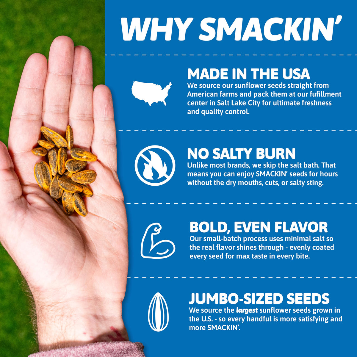 SMACKIN' Sunflower Seeds – Roasted Jumbo, Small-Batch, American Made – 8 Flavor Variety, 1.5oz Bags (36 Pack)