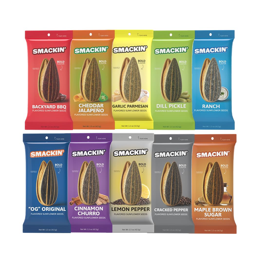 SMACKIN' Sunflower Seeds – No Salty Burn, Jumbo Roasted, 10 Flavor Variety | USA Made 1.5oz Bags