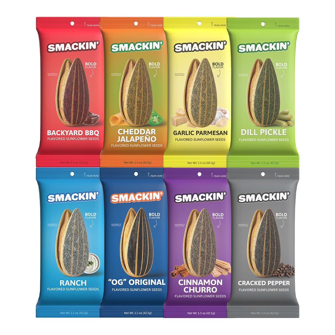 SMACKIN' Sunflower Seeds – Roasted Jumbo, Small-Batch, American Made – 8 Flavor Variety, 1.5oz Bags (36 Pack)