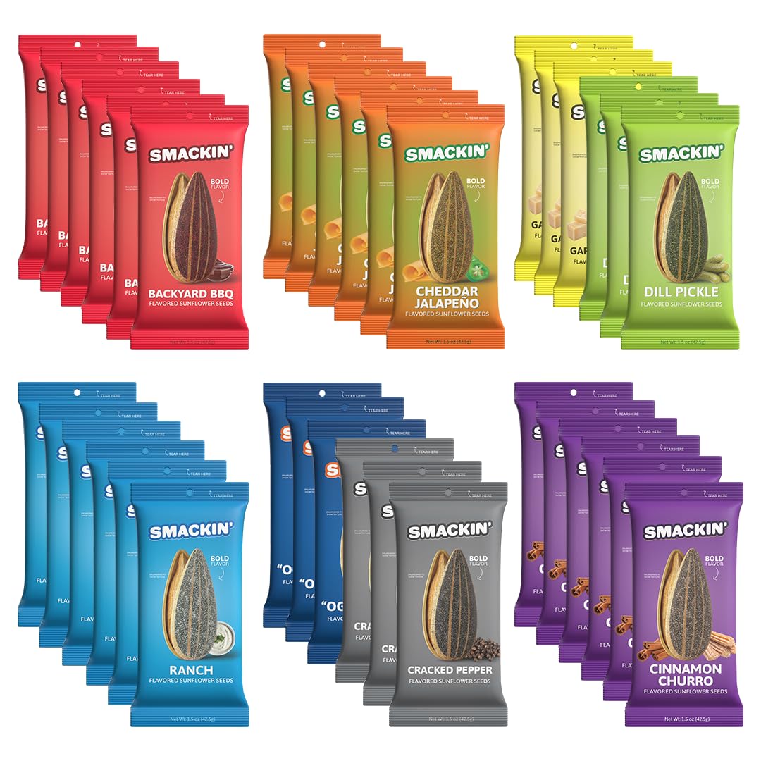 SMACKIN' Sunflower Seeds – Roasted Jumbo, Small-Batch, American Made – 8 Flavor Variety, 1.5oz Bags (36 Pack)