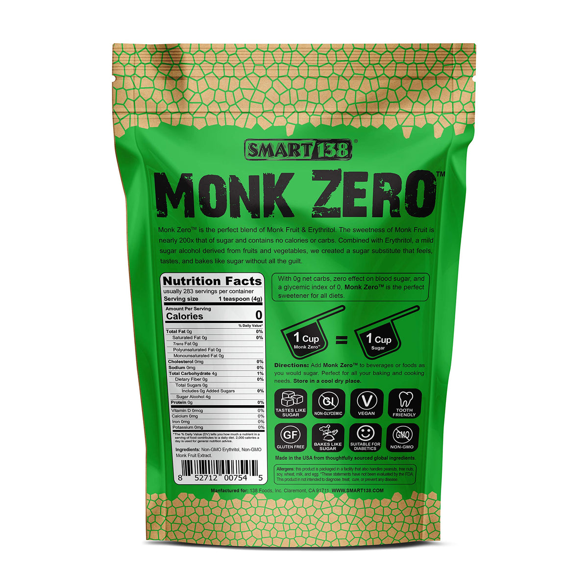 Smart138 Monk Zero Granular Monk Fruit Sweetener – 1:1 Sugar Substitute, Zero Calories, Keto Approved, 40oz