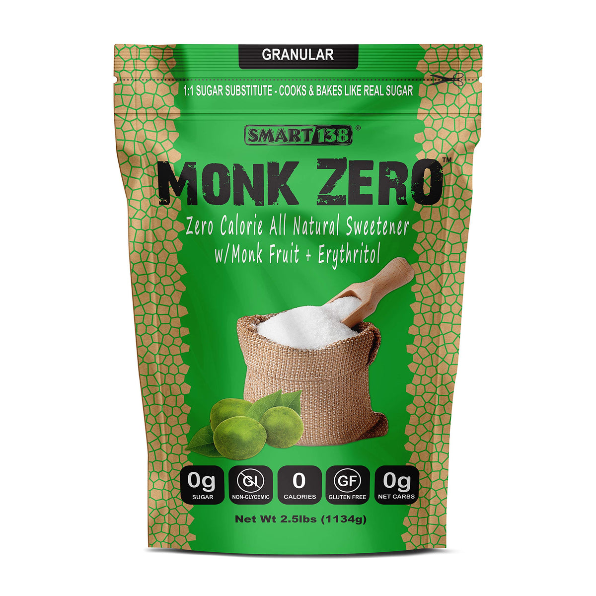 Smart138 Monk Zero Granular Monk Fruit Sweetener – 1:1 Sugar Substitute, Zero Calories, Keto Approved, 40oz