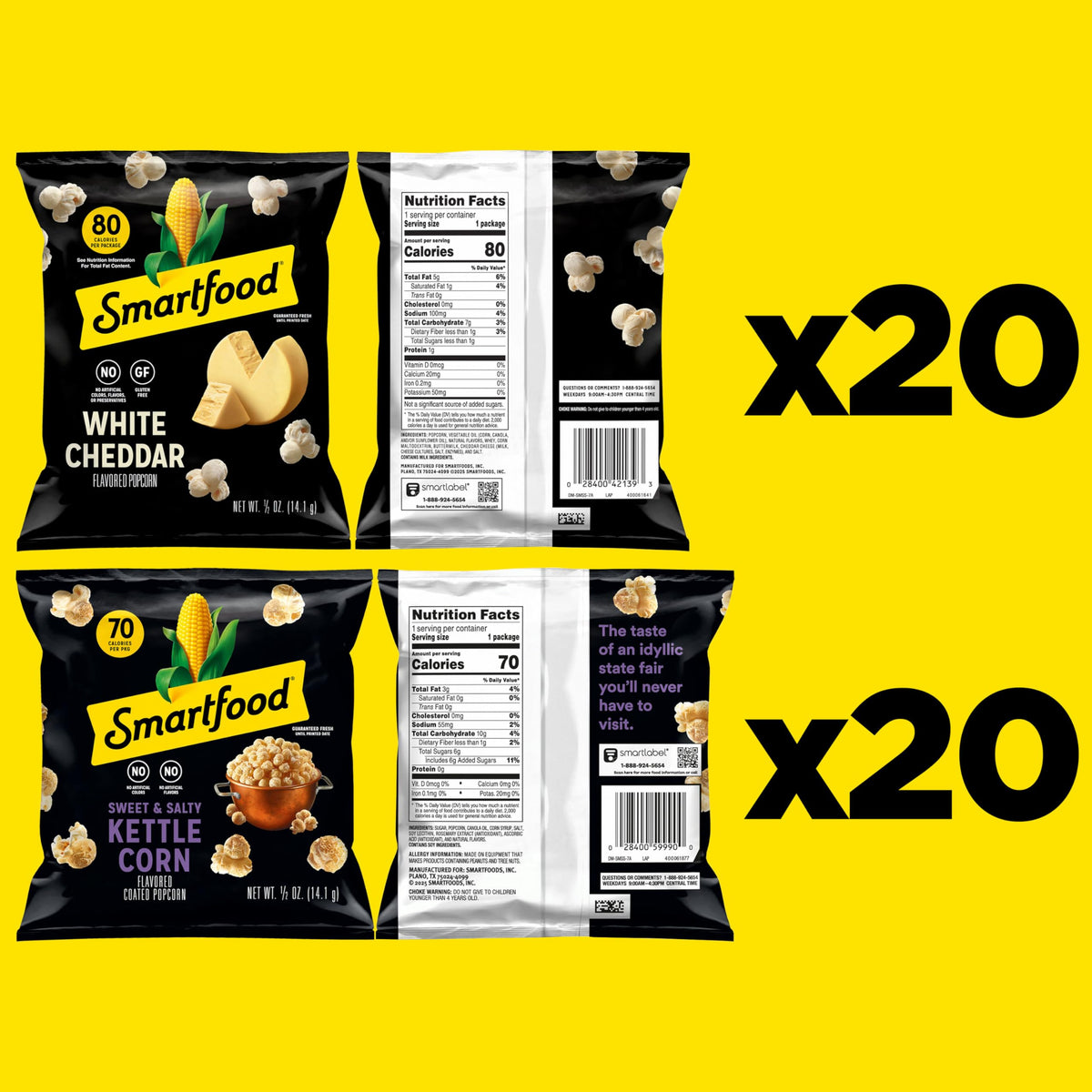 Smartfood Popcorn Variety Pack – 40 Bags (0.5 oz each): White Cheddar, Kettle Corn & Movie Theater Butter