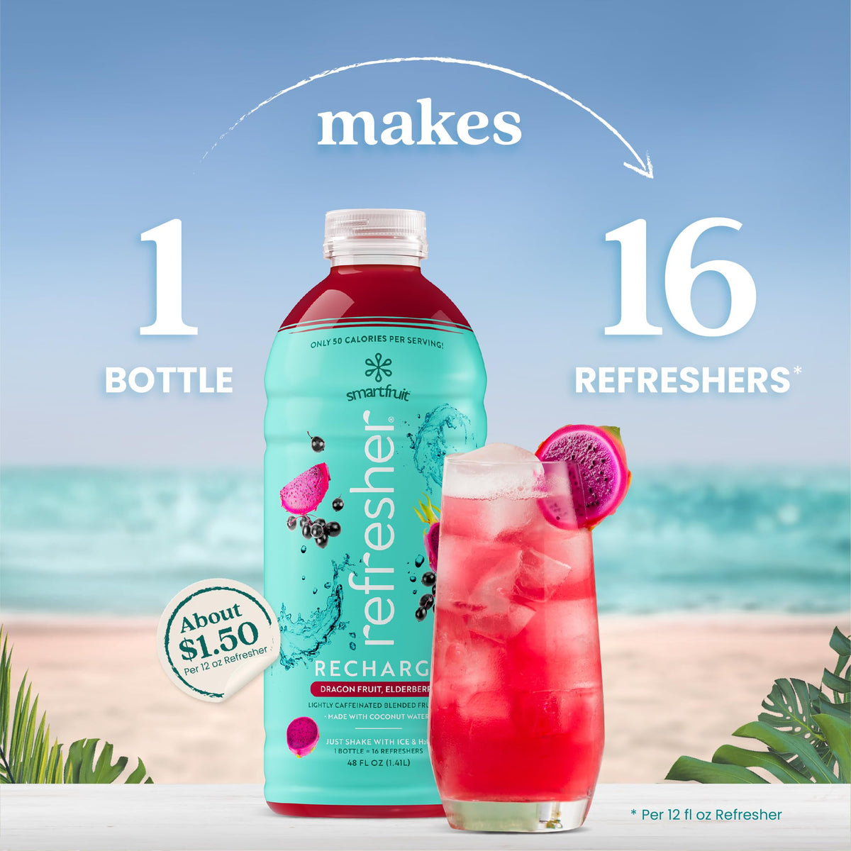 Smartfruit Recharge Refresher – Dragon Fruit & Elderberry, Real Fruit Juice, No Added Sugar, Coconut Water for Hydration, 34 mg Caffeine per Serving – 48oz Drink Mix