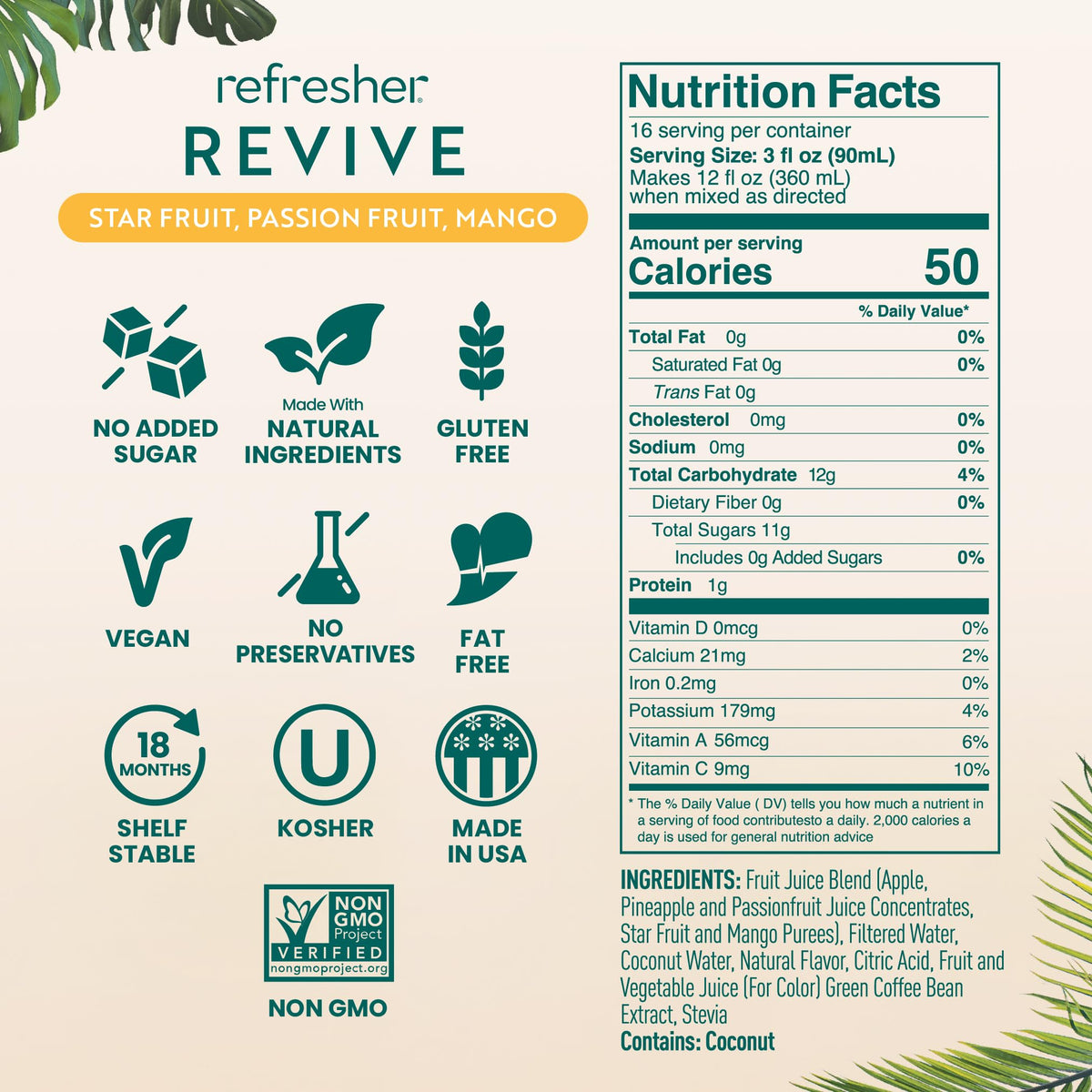 Smartfruit Revive Refresher – Real Fruit Juice Drink Mix with Coconut Water & Green Coffee Bean Extract – 48oz