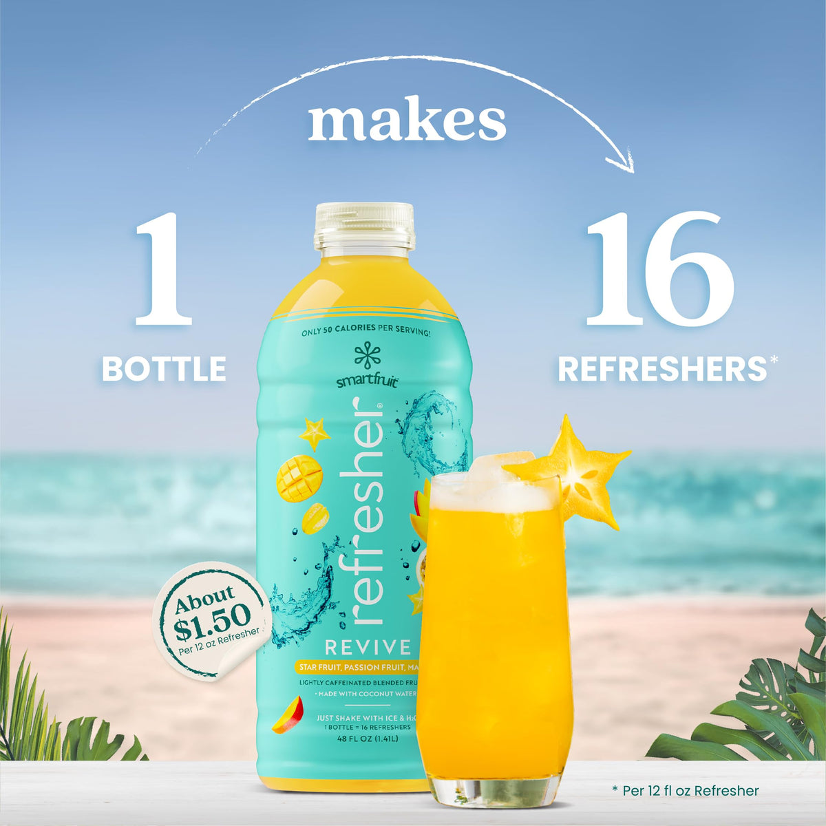 Smartfruit Revive Refresher – Real Fruit Juice Drink Mix with Coconut Water & Green Coffee Bean Extract – 48oz