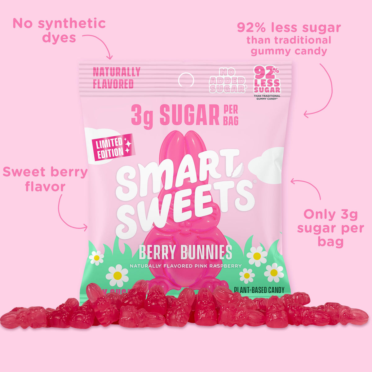 SmartSweets Berry Bunnies Easter Candy Low Sugar Plant-Based Gummies 14 Pack