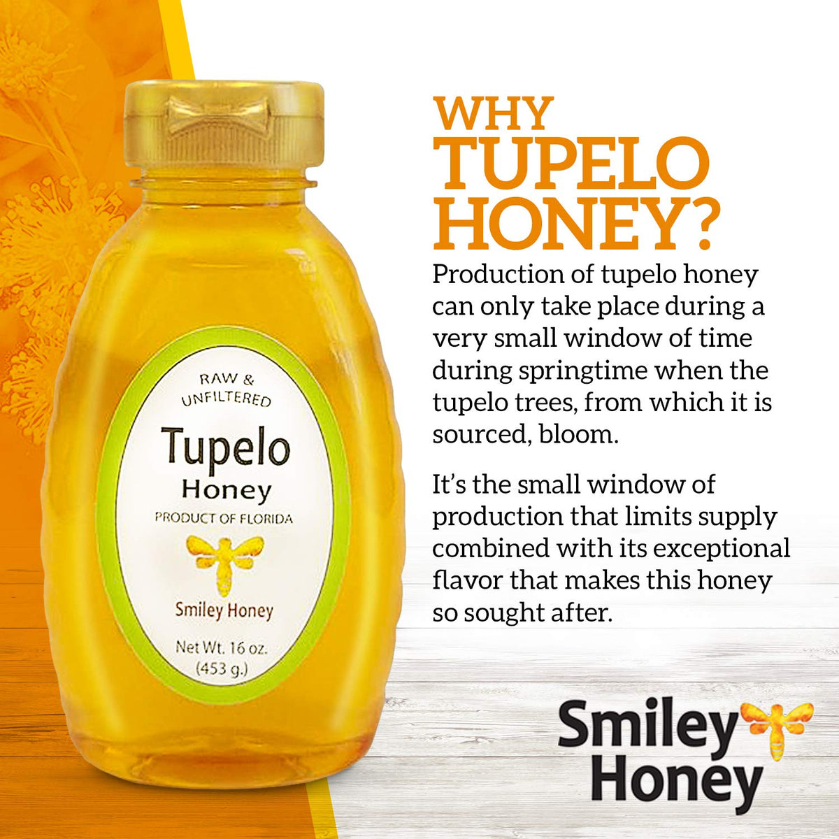 Smiley Honey - 100% Tupelo Honey Raw and Unfiltered (16 oz)