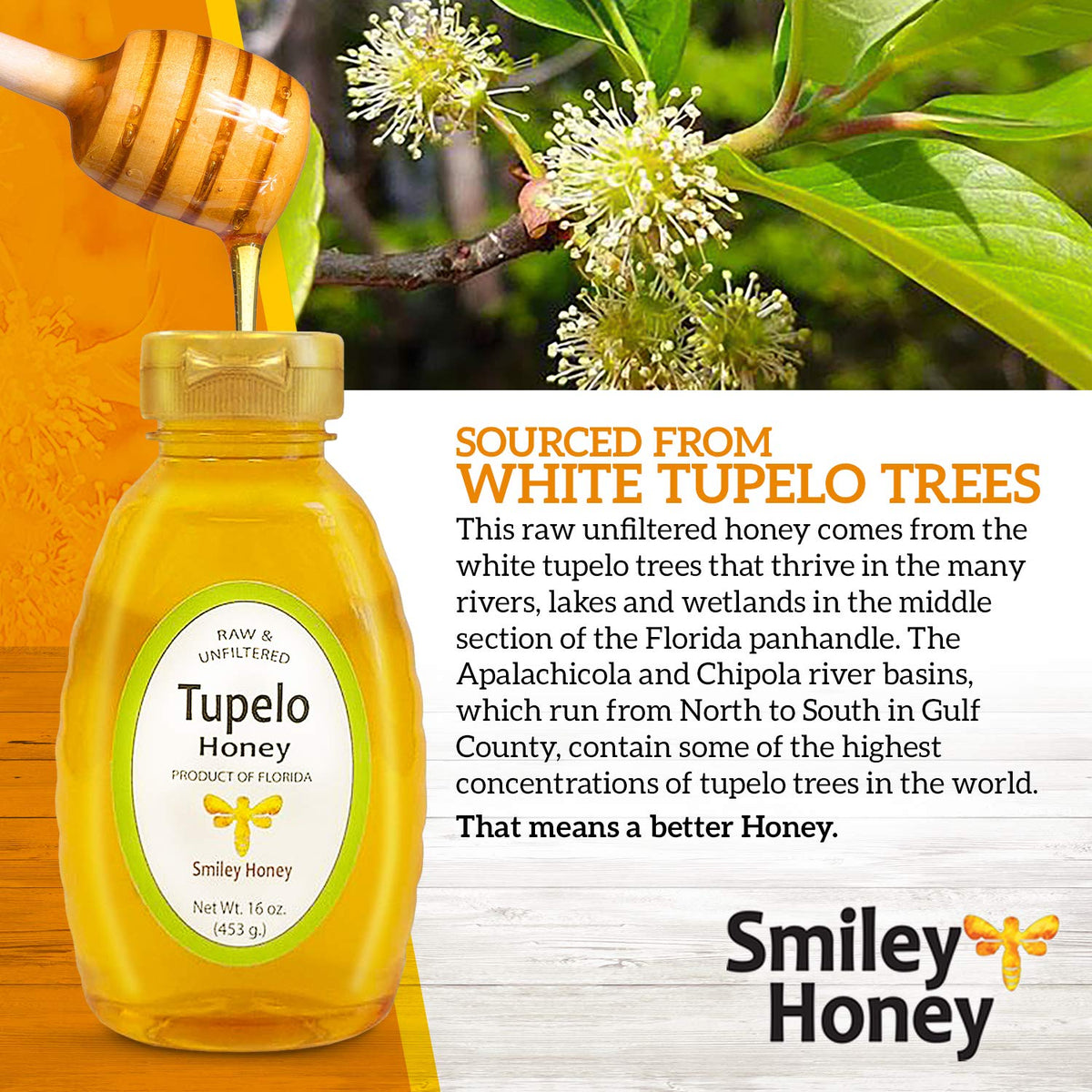 Smiley Honey - 100% Tupelo Honey Raw and Unfiltered (16 oz)