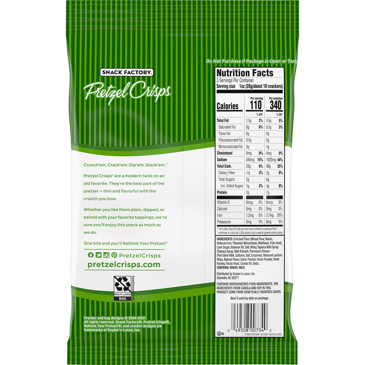 Snack Factory Garlic Parmesan Pretzel Crisps – On-The-Go 3 Oz Bags (Pack of 8)