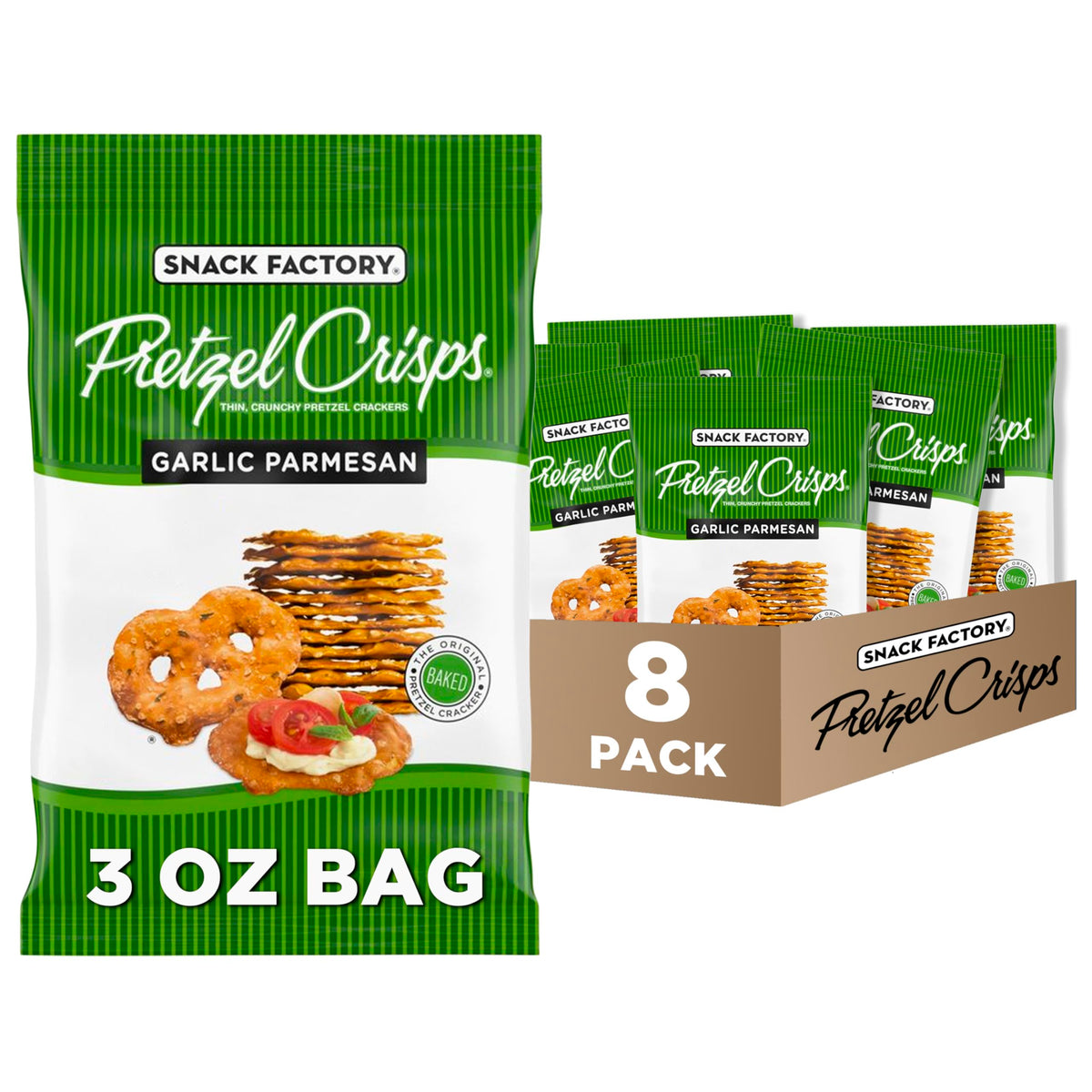 Snack Factory Garlic Parmesan Pretzel Crisps – On-The-Go 3 Oz Bags (Pack of 8)