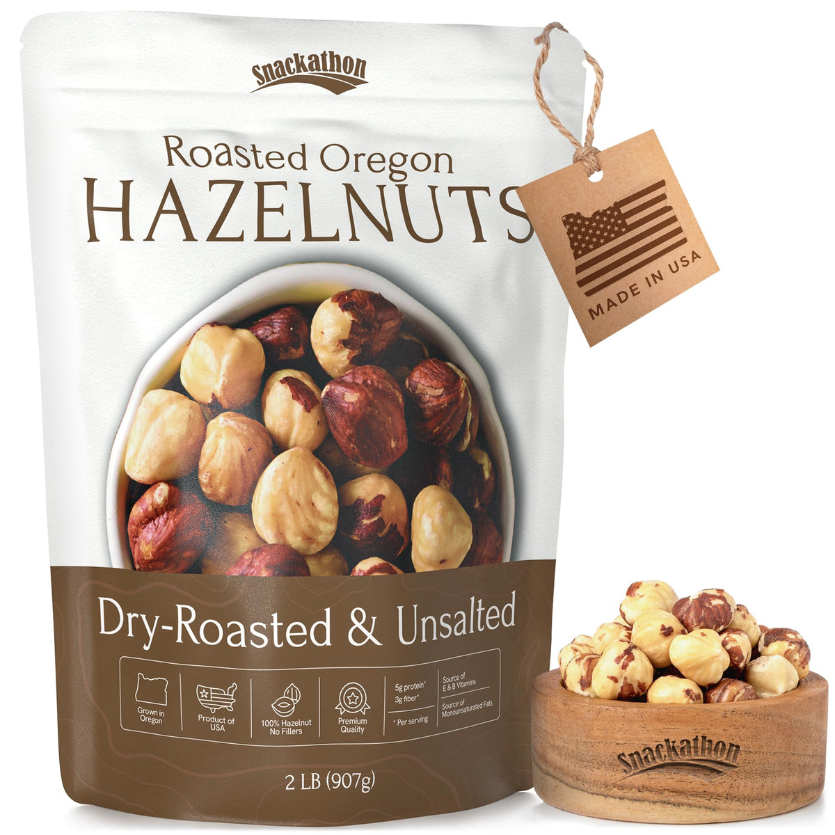 Snackathon Roasted Oregon Hazelnuts – Unsalted, Dry-Roasted Whole Filberts, 2 lb Resealable Bag | Premium USA Grown Nuts
