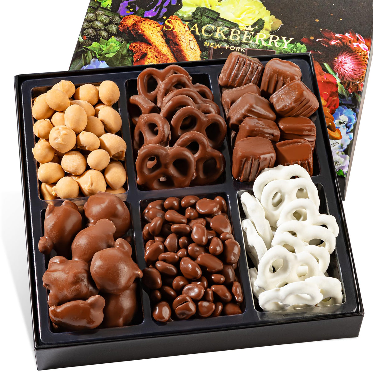 Snackberry Premium Chocolate Gift Box – Gourmet Pretzels, Maple Nuts & Milk Chocolate Caramels