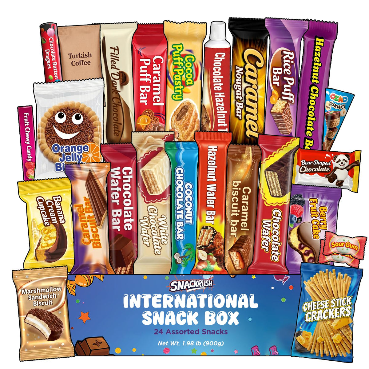 SnackRush International Snack Box – 34-Piece Global Tasting Tour of Exotic Candies & Treats