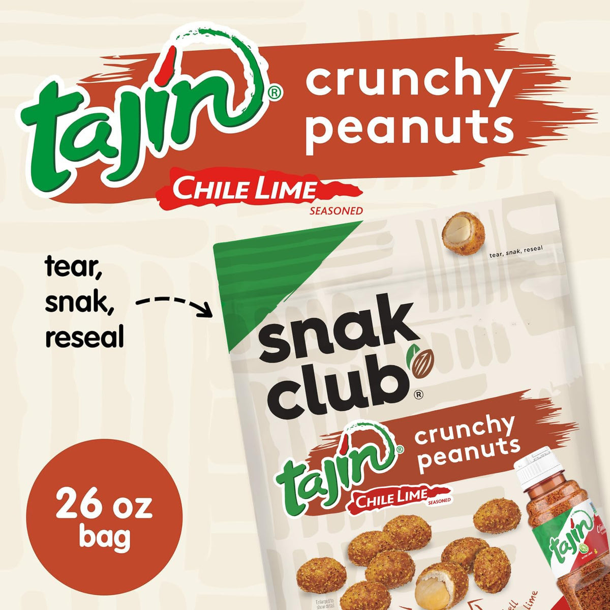 Snak Club Tajín Crunchy Peanuts – Chili Lime Seasoning, Mild Heat, 26 oz Resealable Bag