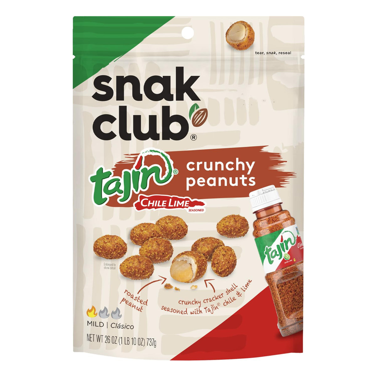 Snak Club Tajín Crunchy Peanuts – Chili Lime Seasoning, Mild Heat, 26 oz Resealable Bag