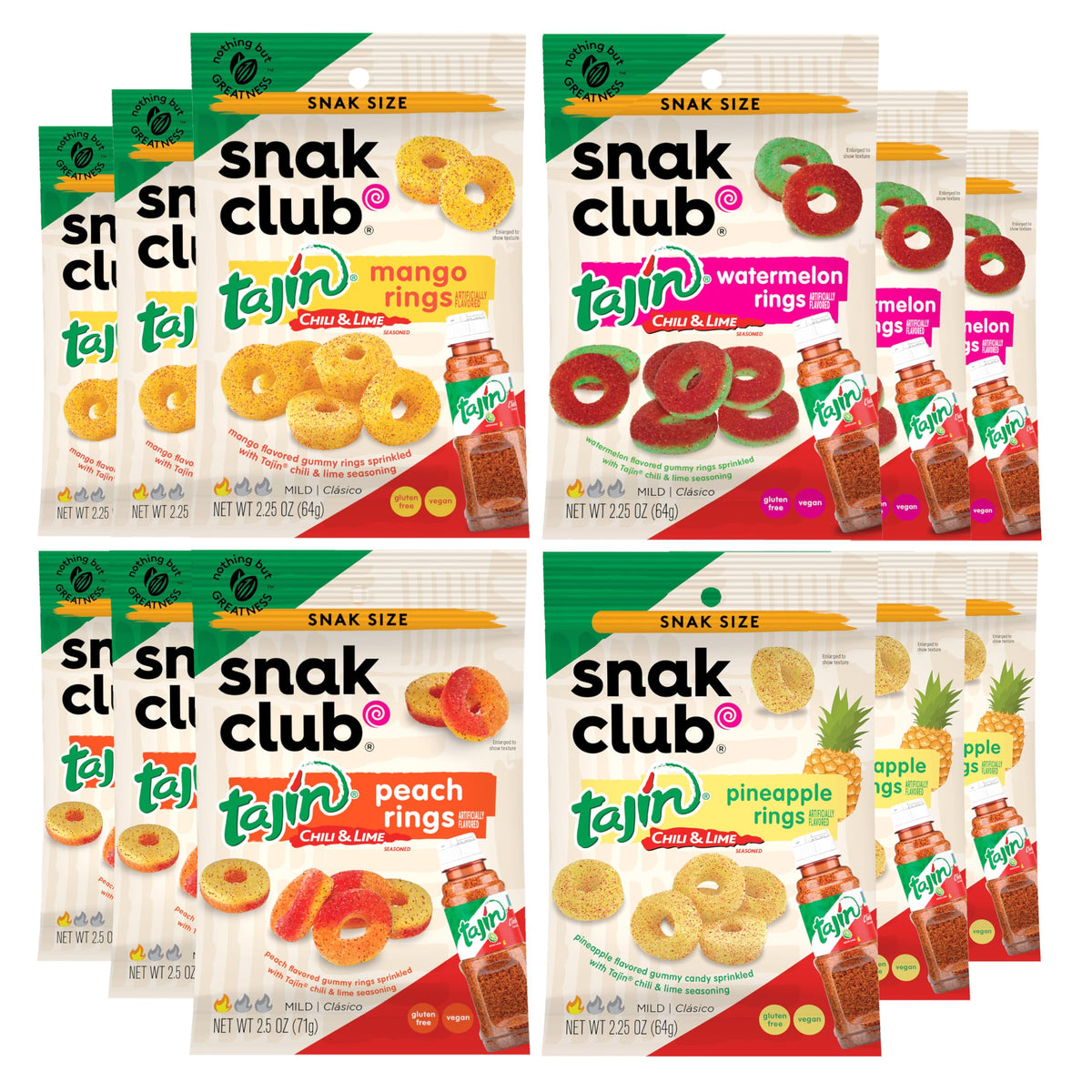 Snak Club Tajin Gummy Fruit Rings - Mild Spice, Vegan & Gluten-Free (Mango, Pineapple, Peach, Watermelon) 12 Pack