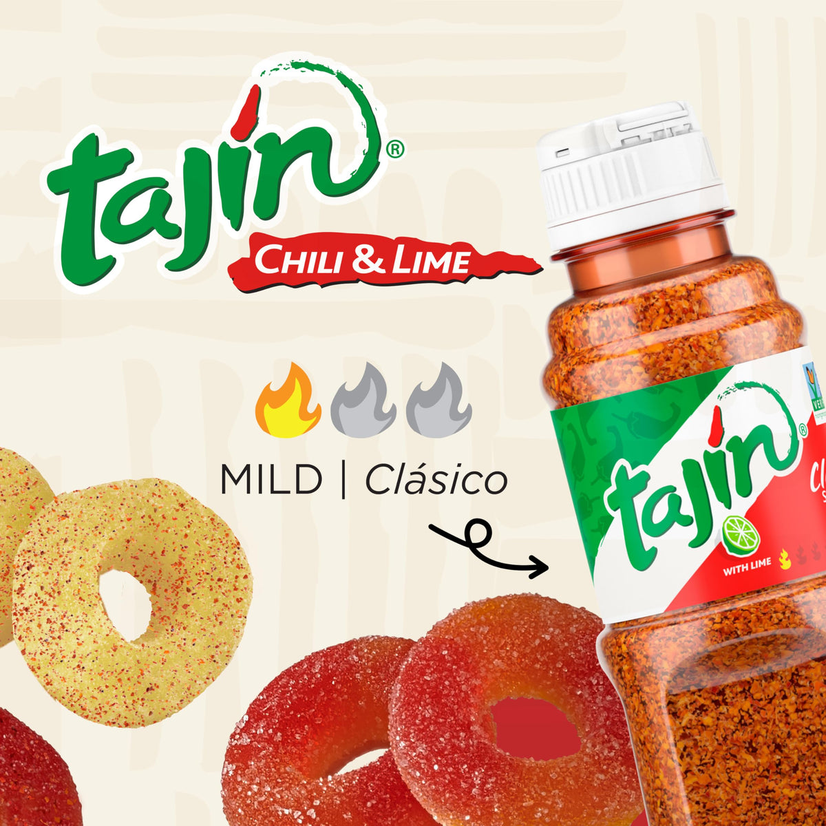 Snak Club Tajin Gummy Fruit Rings - Mild Spice, Vegan & Gluten-Free (Mango, Pineapple, Peach, Watermelon) 12 Pack