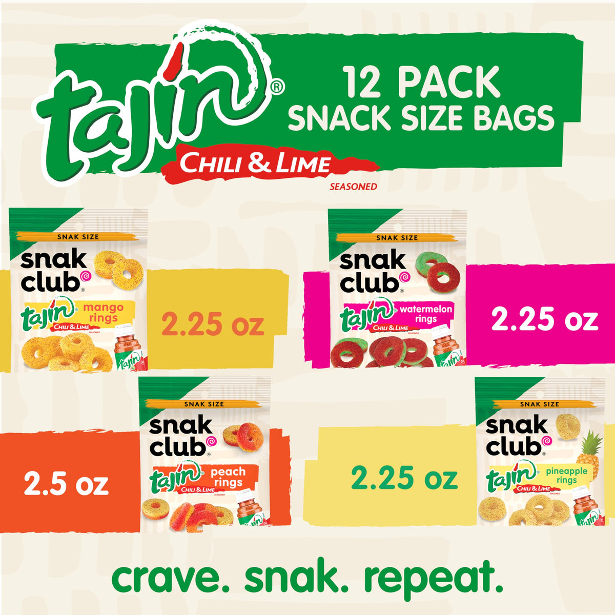 Snak Club Tajin Gummy Fruit Rings - Mild Spice, Vegan & Gluten-Free (Mango, Pineapple, Peach, Watermelon) 12 Pack
