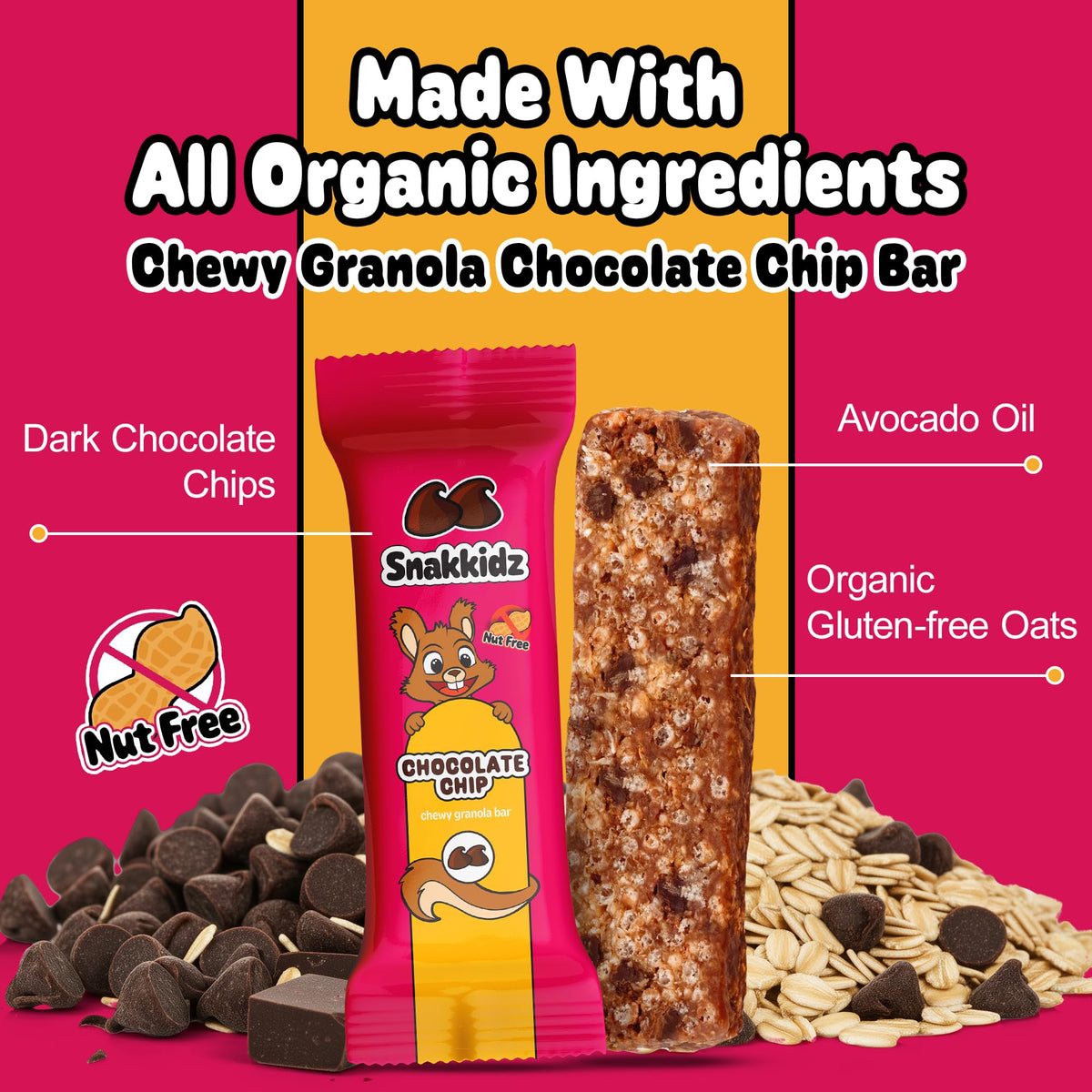 Snakkidz Organic Chewy Granola Bars for Kids – Allergen-Free, Nut-Free, Gluten-Free, Low Sugar | Avocado Oil