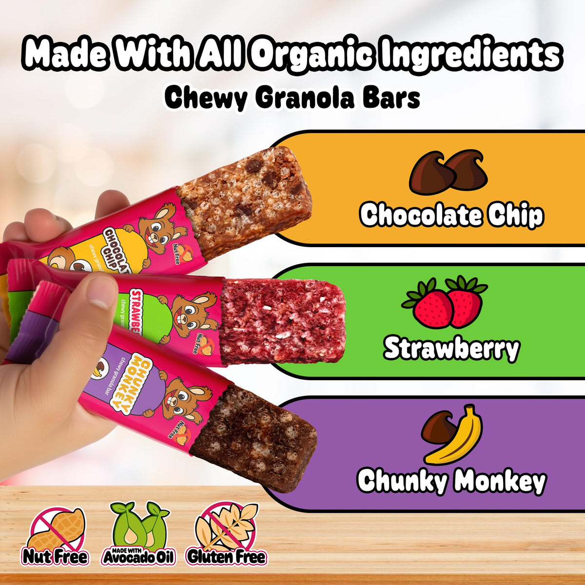 Snakkidz Organic Chewy Granola Bars for Kids – Allergen-Free, Gluten-Free, Low Sugar, Avocado Oil – 45-Pack Variety