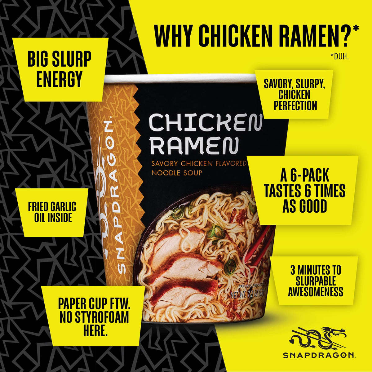 Snapdragon Chicken Ramen Cup Noodles – 6 Pack, Easy Microwave or Hot Water Prep