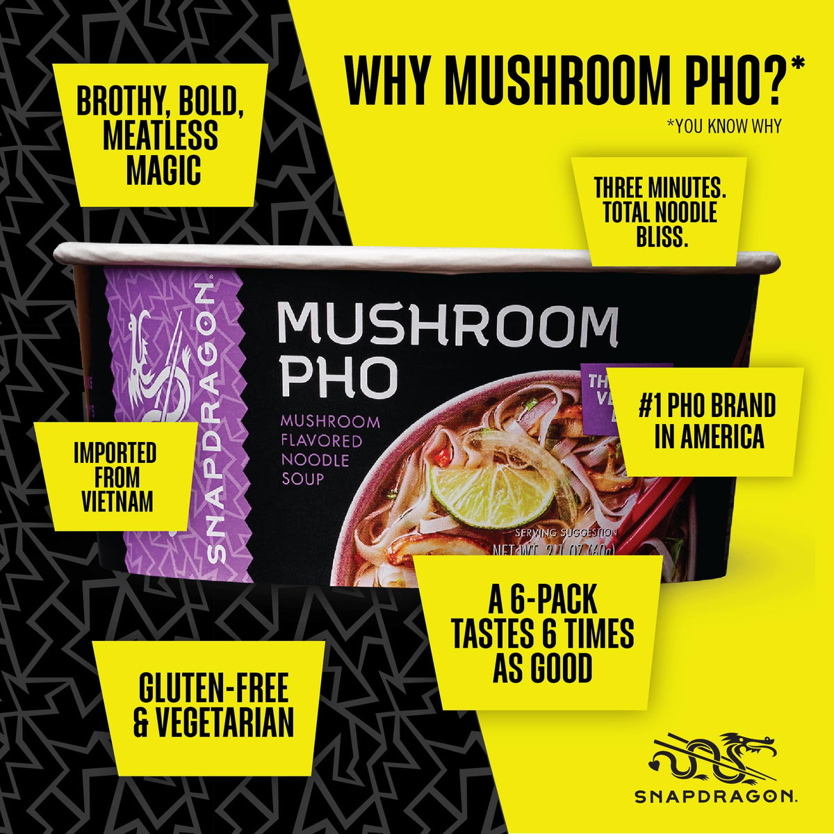 Snapdragon Mushroom Pho Noodle Bowls – Gluten Free, No MSG, 6 Pack
