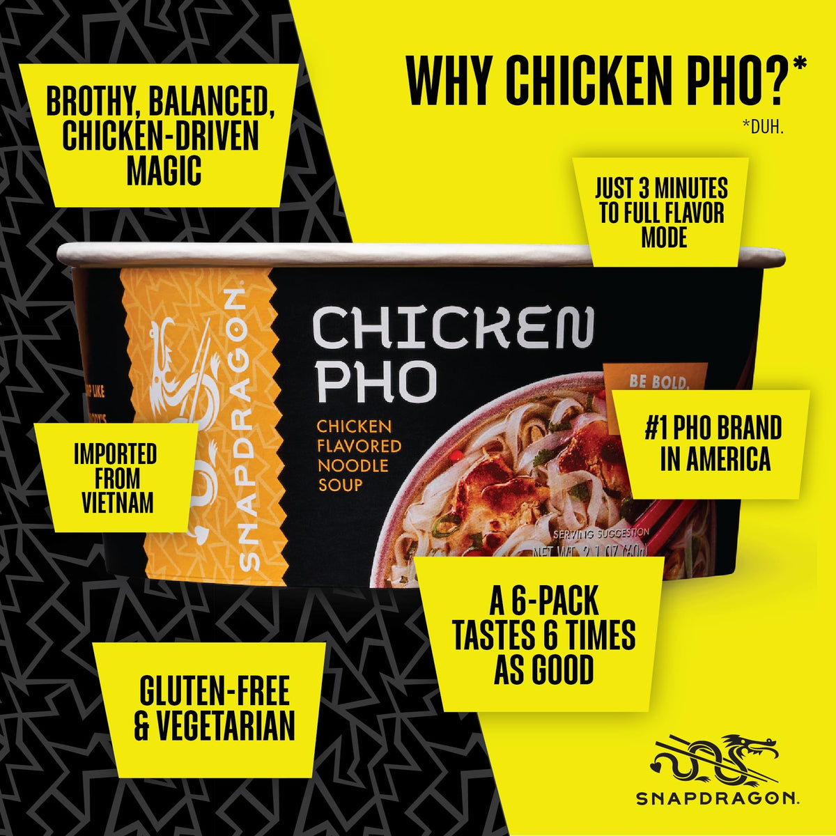 Snapdragon Chicken Pho Instant Noodle Bowl Six Pack - Gluten Free, Rich Chicken Broth