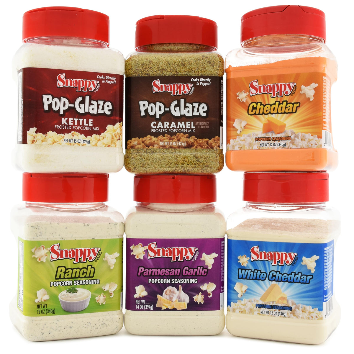 SNAPPY Popcorn Glaze & Seasoning Bundle – Caramel, Kettle Corn, Ranch, Parmesan Garlic, White Cheddar, Cheddar (6 Count)