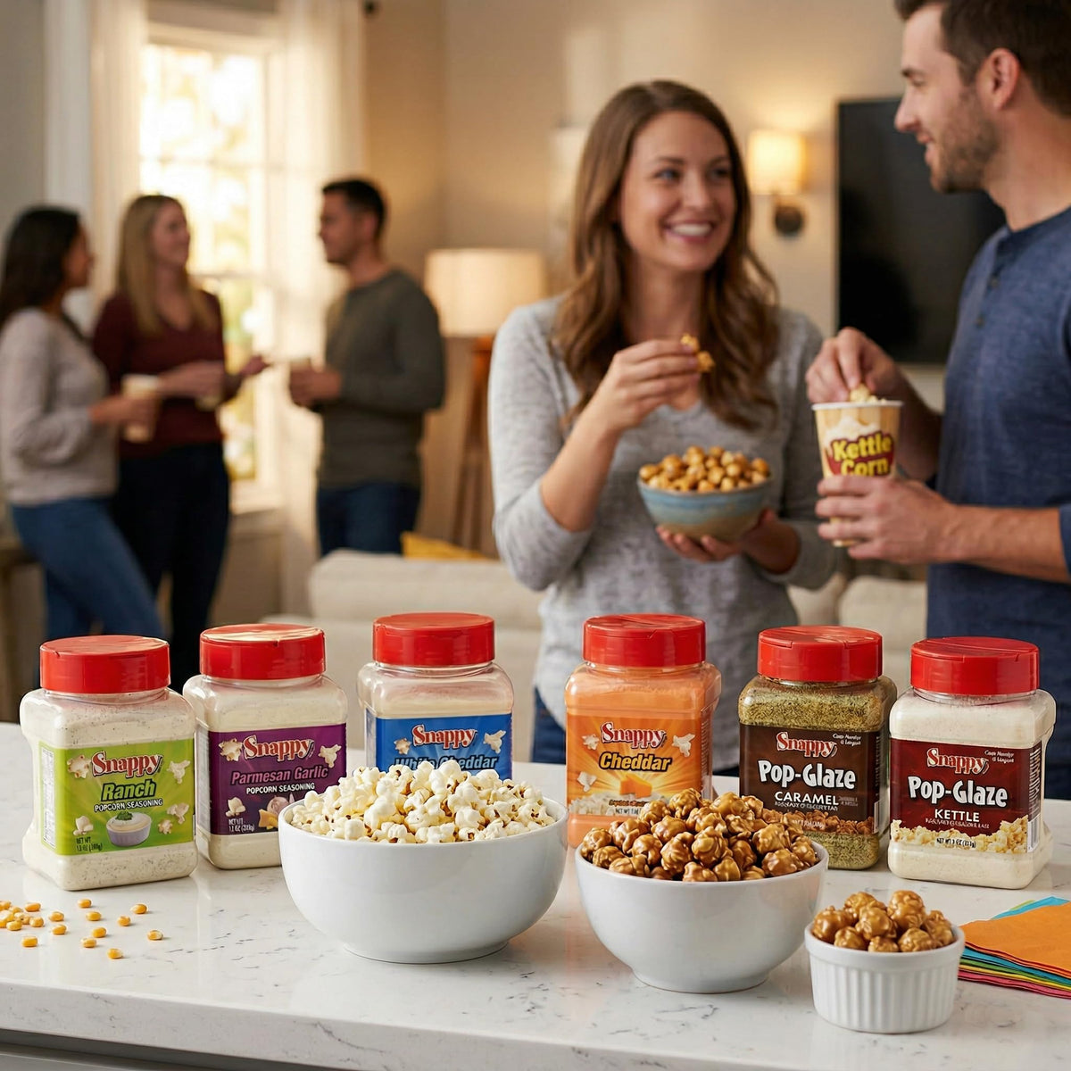 SNAPPY Popcorn Glaze & Seasoning Bundle – Caramel, Kettle Corn, Ranch, Parmesan Garlic, White Cheddar, Cheddar (6 Count)