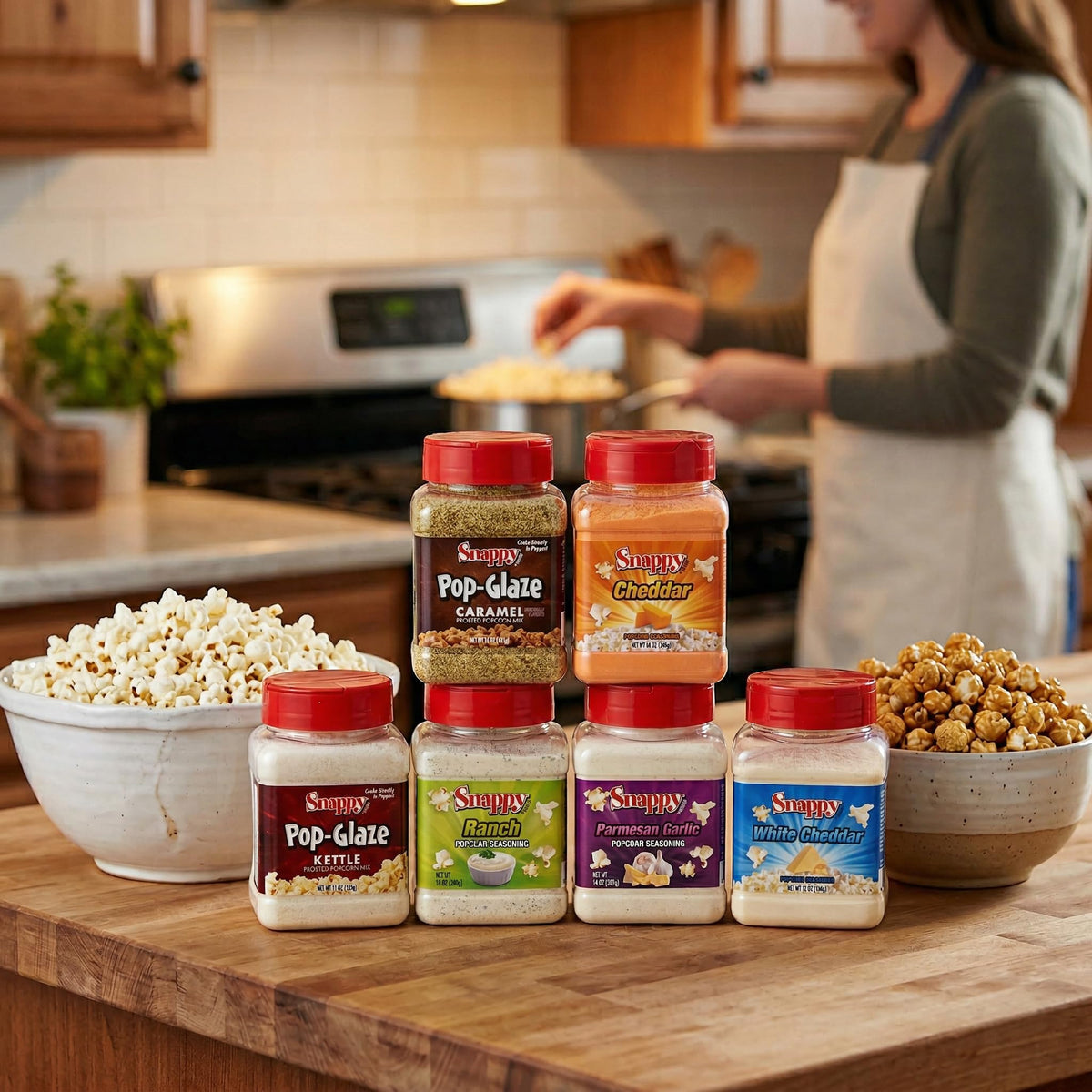 SNAPPY Popcorn Glaze & Seasoning Bundle – Caramel, Kettle Corn, Ranch, Parmesan Garlic, White Cheddar, Cheddar (6 Count)