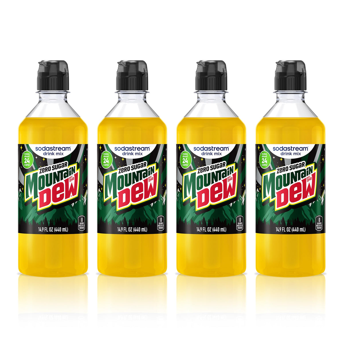 SodaStream Mountain Dew Zero New Pour Bottles – Soda Drink Mix, 14.9 fl oz, Pack of 4