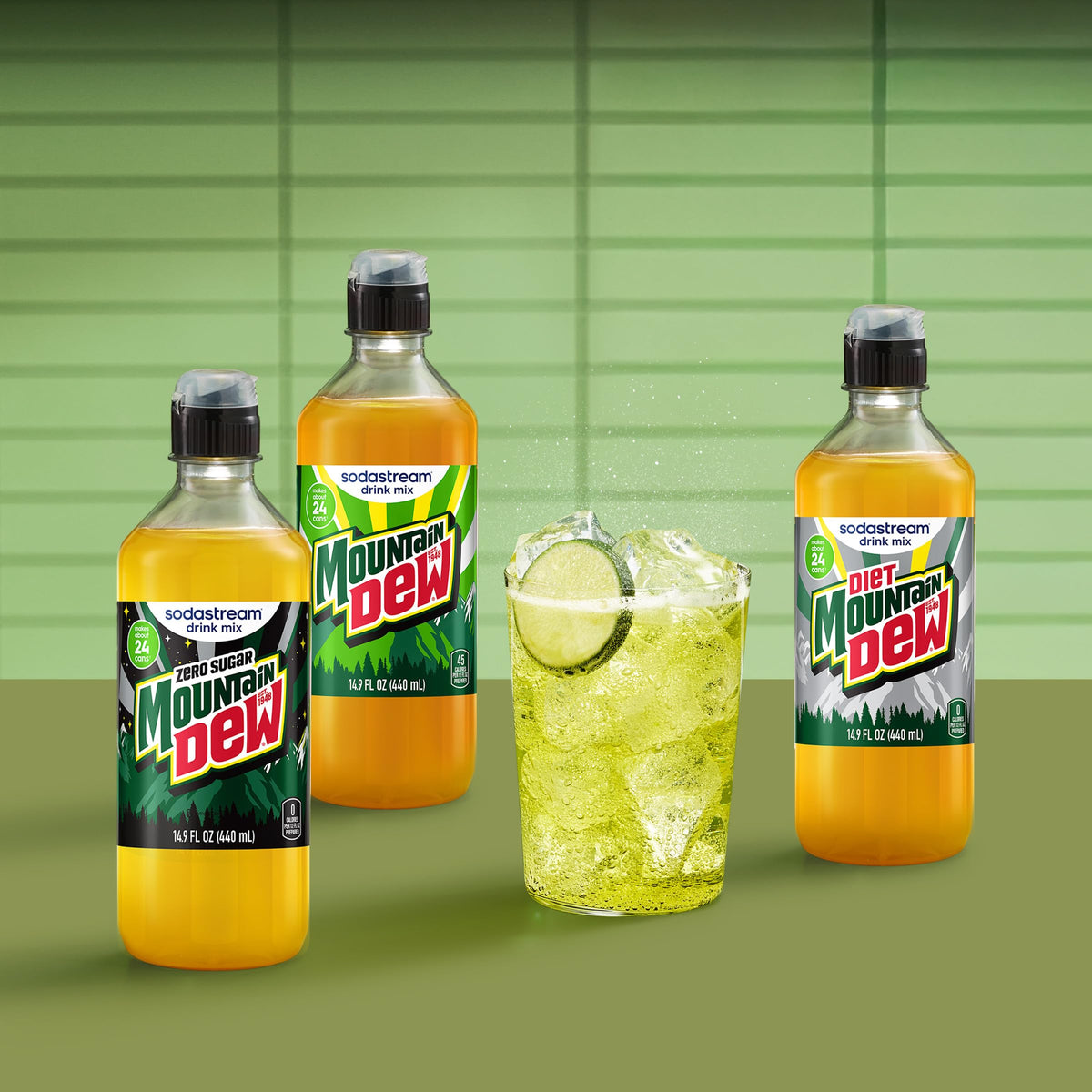 SodaStream Mountain Dew Zero New Pour Bottles – Soda Drink Mix, 14.9 fl oz, Pack of 4