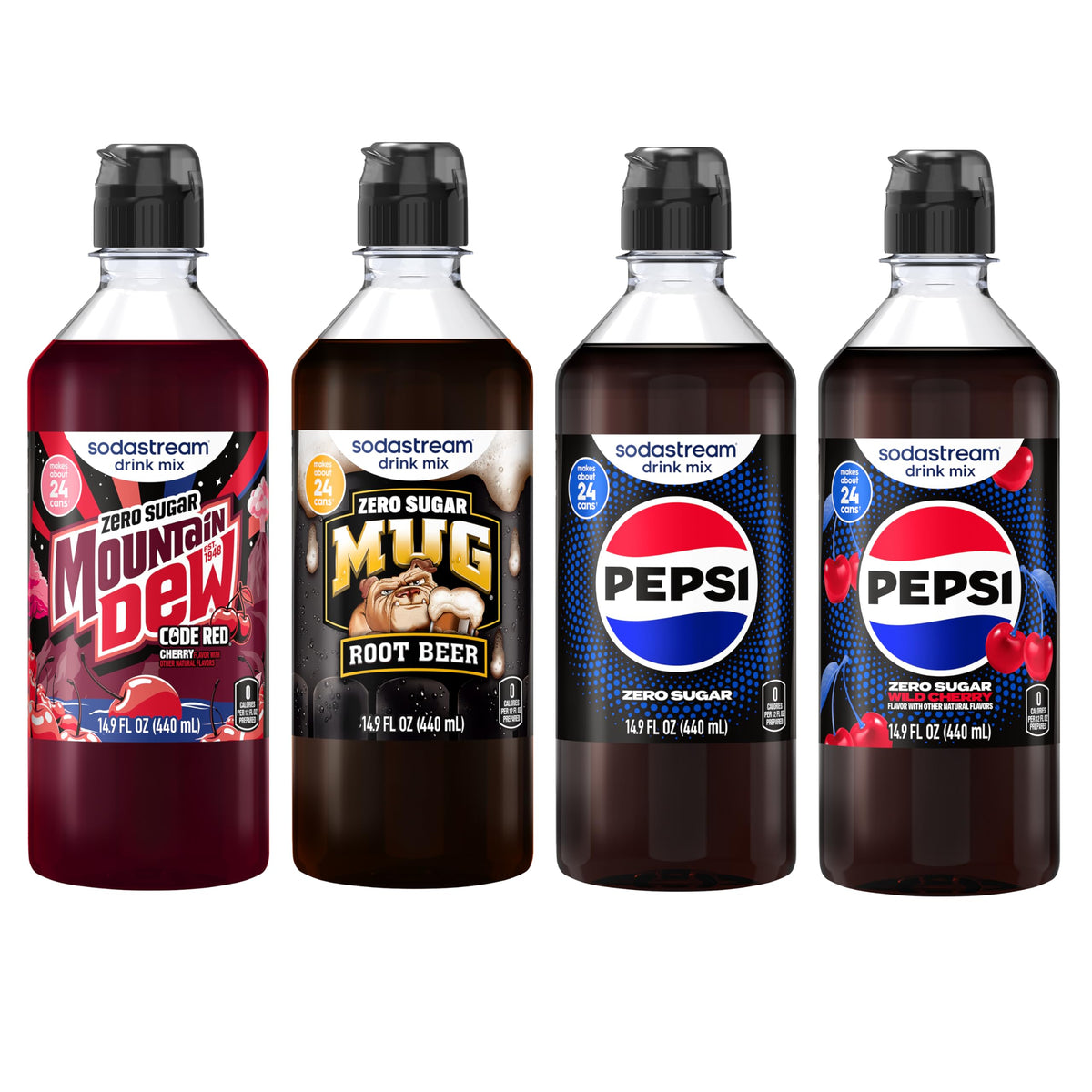 SodaStream MTN Dew Code Red Zero, Mug Root Zero, Pepsi Zero & Pepsi Wild Cherry Zero – 4x14.9 oz Variety Pack