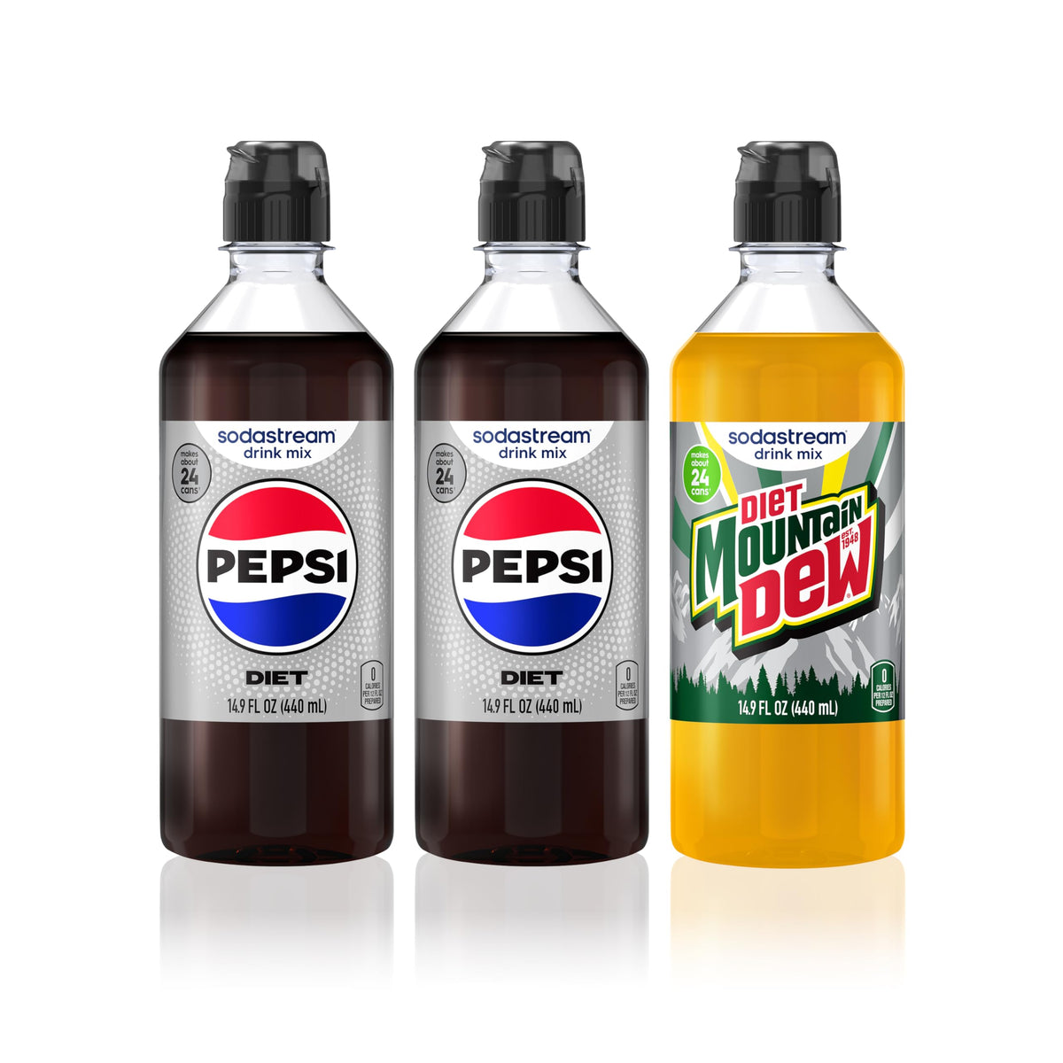 SodaStream Pepsi & MTN Dew Variety Pack – 3 x 440ml Diet Beverage Mixes for Sparkling Water