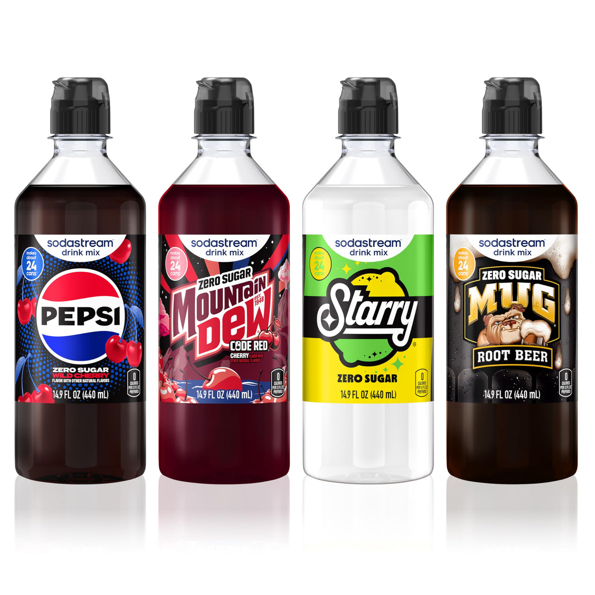 SodaStream Variety Beverage Mix Pack (4 x 14.9oz) – Pepsi Wild Cherry Zero, Mountain Dew Code Red Zero, Starry Zero & Mug Root Zero