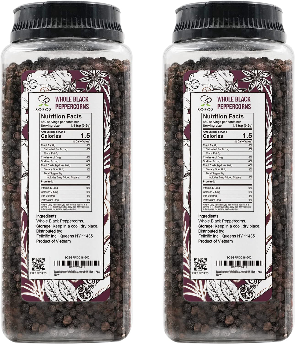 Soeos Black Peppercorns, 18oz x2 – Whole, Non-GMO, Kosher, Fresh-Pack Peppercorns